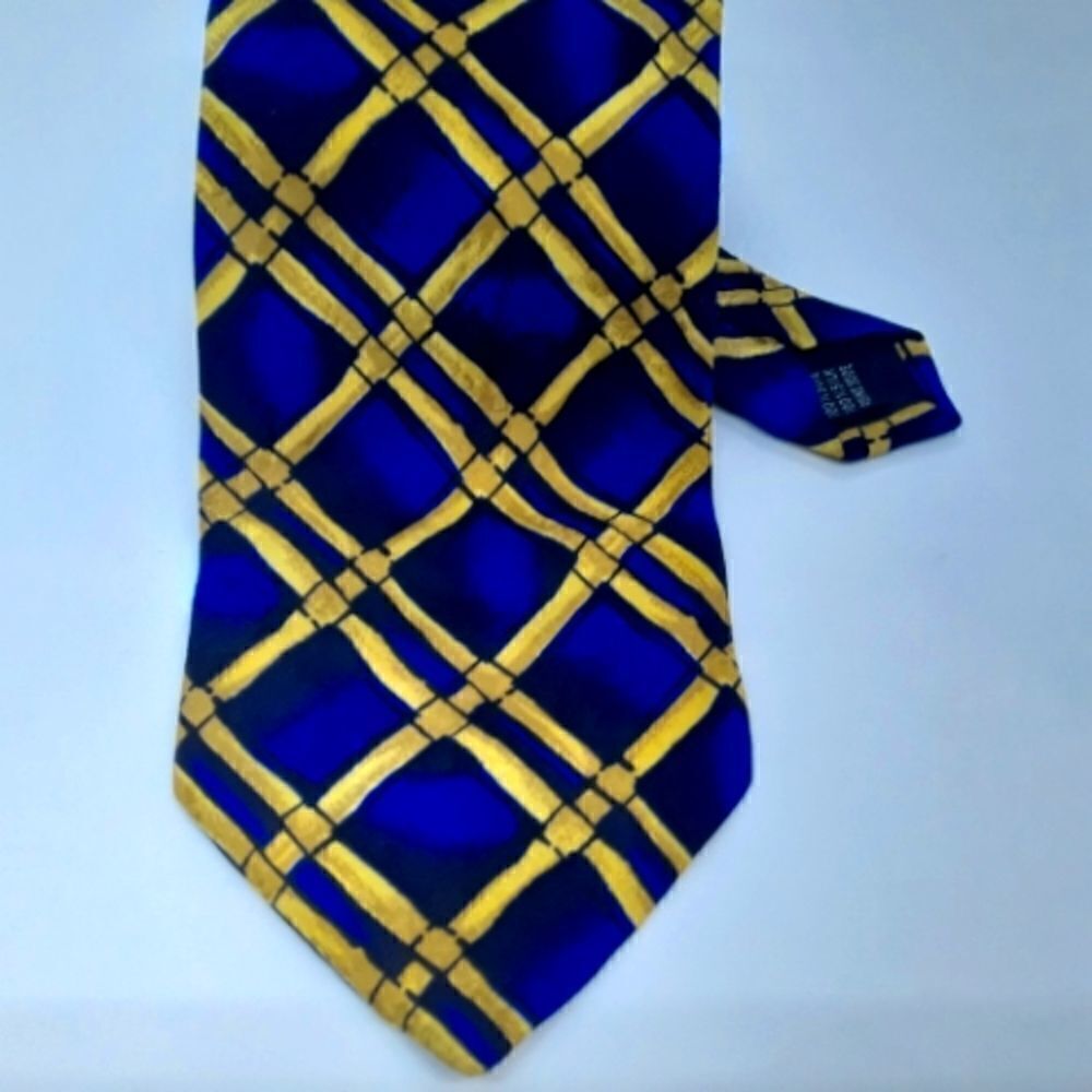 Nicola Ferri Italy Navy Blue/Blue/Yellow Plaid Tie 100% Pure Silk